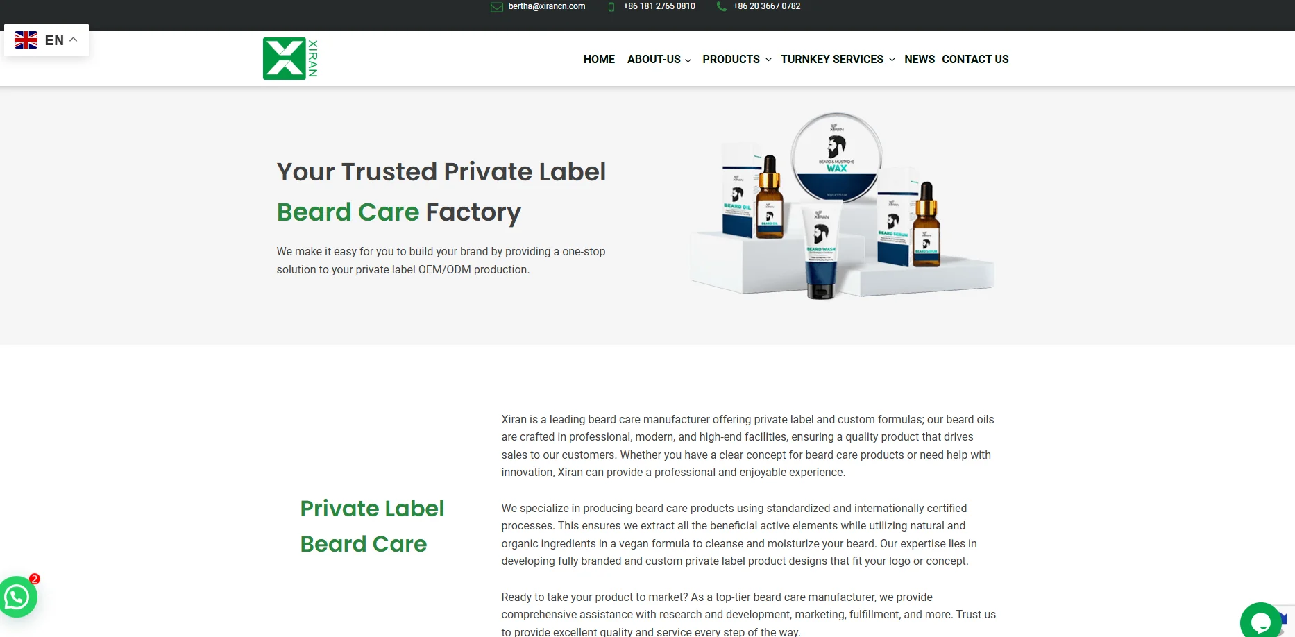 Web page showcasing Xiran's private label solutions for beard care products, including oils, waxes, and serums.